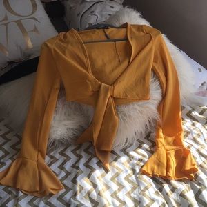 Mustard Crop Tie Top with Flared Sleeves